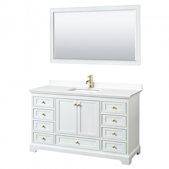 60 Inch Single Bathroom Vanity in White, White Cultured Marble Countertop, Sink, Gold Trim, 58 Inch Mirror