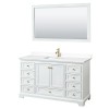 60 Inch Single Bathroom Vanity in White, White Cultured Marble Countertop, Sink, Gold Trim, 58 Inch Mirror