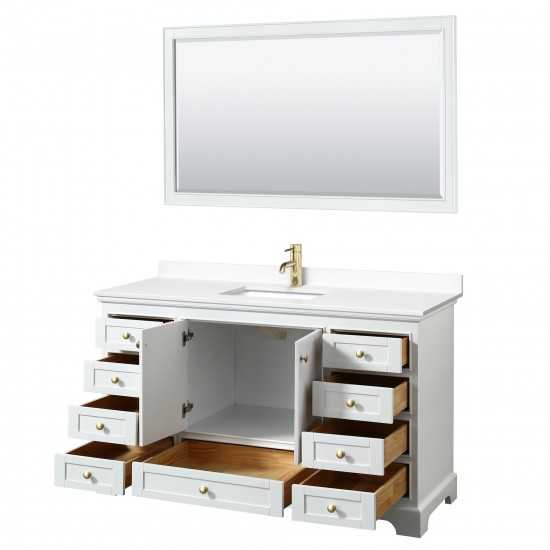 60 Inch Single Bathroom Vanity in White, White Cultured Marble Countertop, Sink, Gold Trim, 58 Inch Mirror