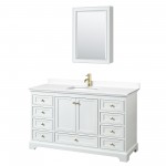 60 Inch Single Bathroom Vanity in White, White Cultured Marble Countertop, Sink, Gold Trim, Medicine Cabinet