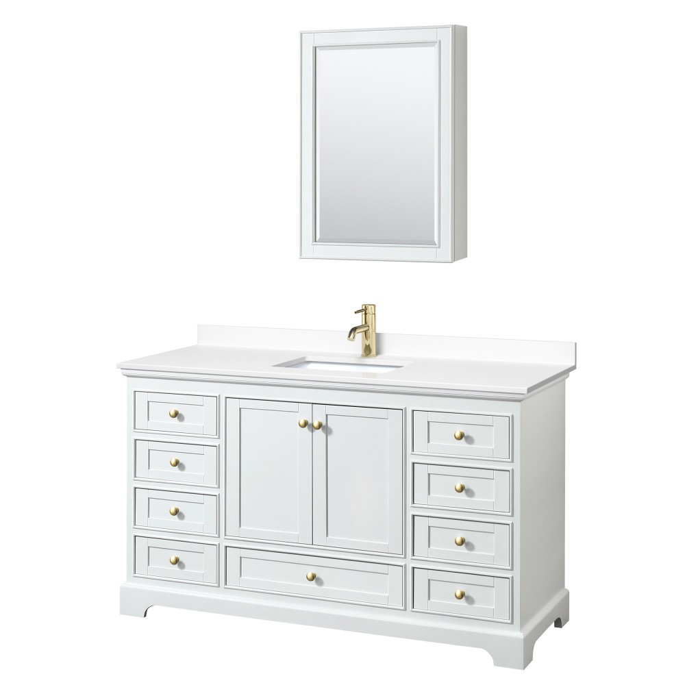 60 Inch Single Bathroom Vanity in White, White Cultured Marble Countertop, Sink, Gold Trim, Medicine Cabinet