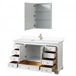 60 Inch Single Bathroom Vanity in White, White Cultured Marble Countertop, Sink, Gold Trim, Medicine Cabinet