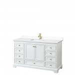 60 Inch Single Bathroom Vanity in White, White Cultured Marble Countertop, Sink, Gold Trim, No Mirror