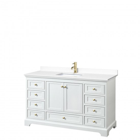 60 Inch Single Bathroom Vanity in White, White Cultured Marble Countertop, Sink, Gold Trim, No Mirror