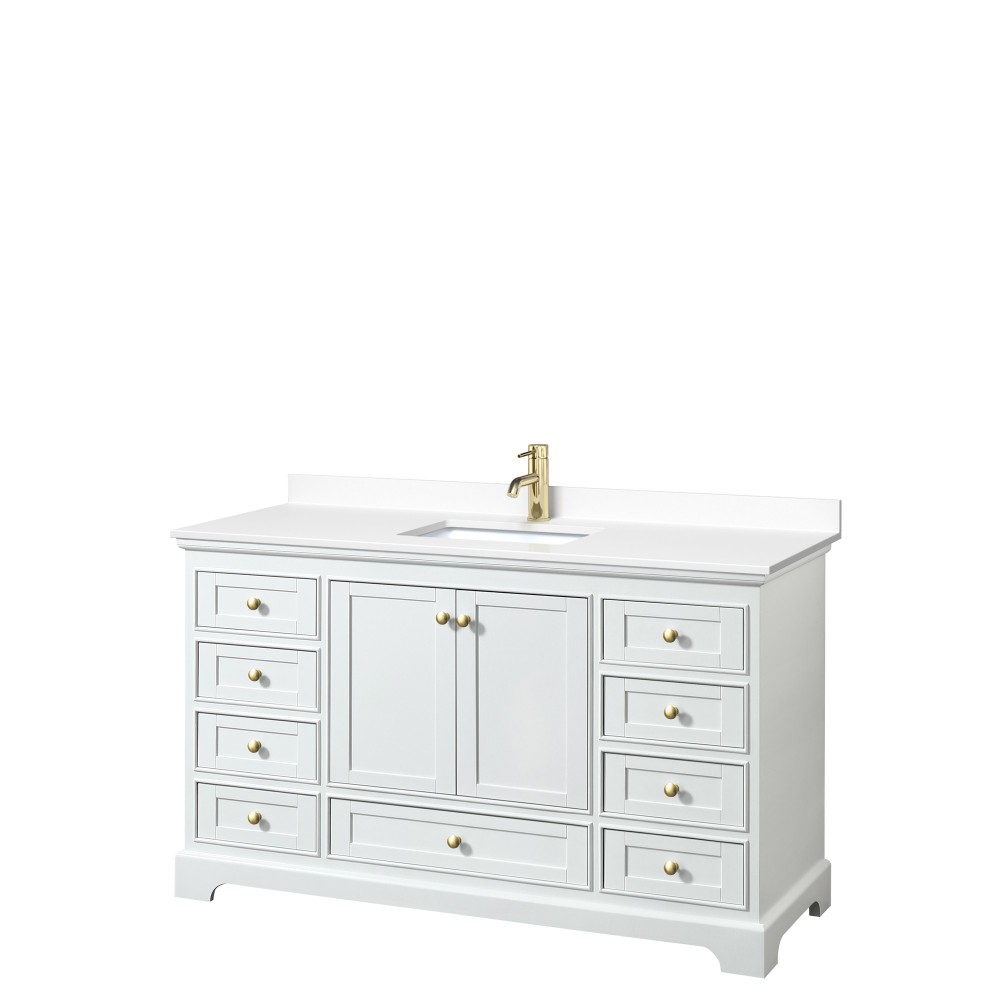 60 Inch Single Bathroom Vanity in White, White Cultured Marble Countertop, Sink, Gold Trim, No Mirror