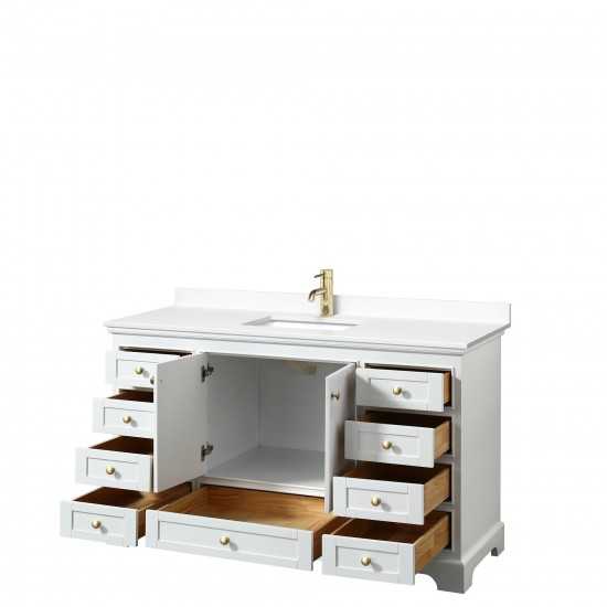 60 Inch Single Bathroom Vanity in White, White Cultured Marble Countertop, Sink, Gold Trim, No Mirror