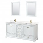 72 Inch Double Bathroom Vanity in White, Carrara Cultured Marble Countertop, Sinks, Gold Trim, 24 Inch Mirrors