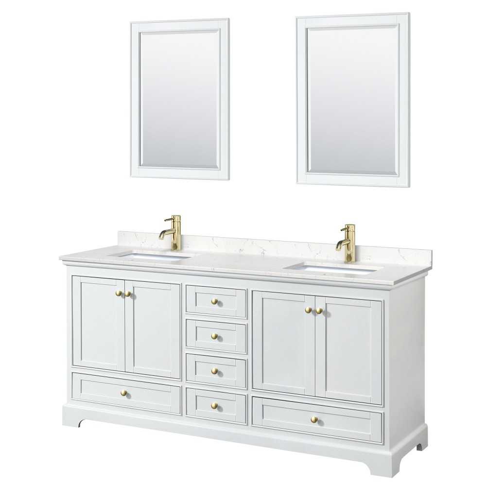 72 Inch Double Bathroom Vanity in White, Carrara Cultured Marble Countertop, Sinks, Gold Trim, 24 Inch Mirrors