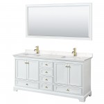 72 Inch Double Bathroom Vanity in White, Carrara Cultured Marble Countertop, Sinks, Gold Trim, 70 Inch Mirror