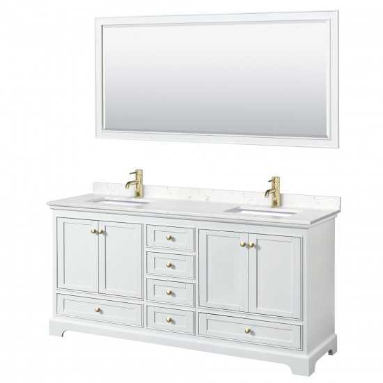 72 Inch Double Bathroom Vanity in White, Carrara Cultured Marble Countertop, Sinks, Gold Trim, 70 Inch Mirror