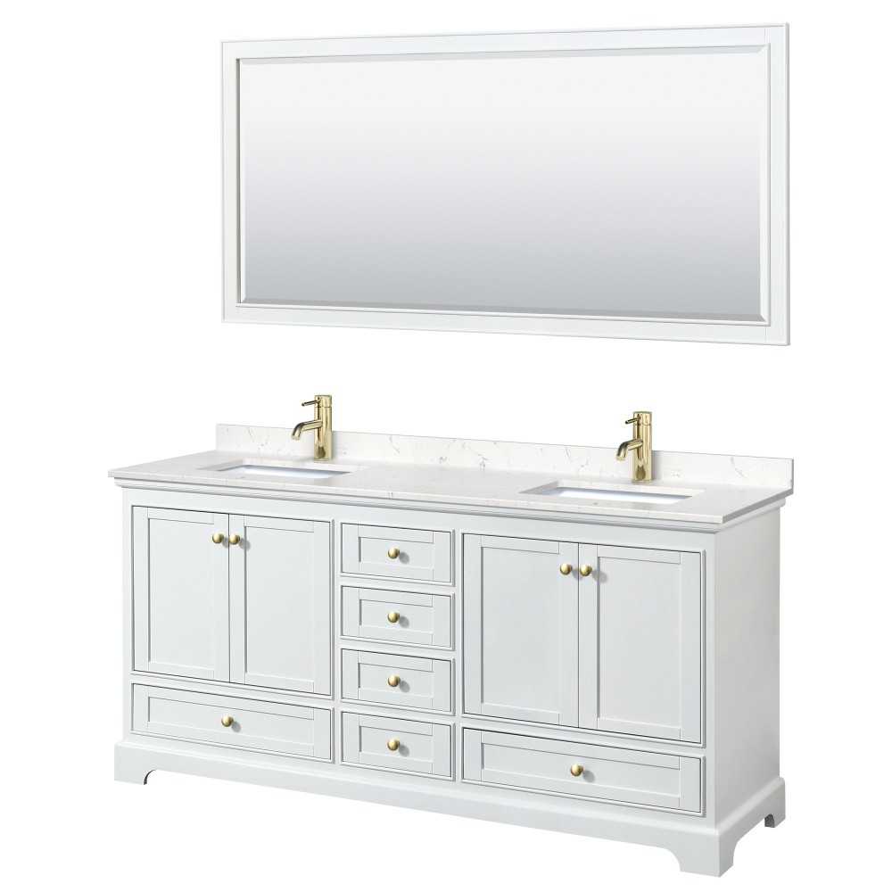 72 Inch Double Bathroom Vanity in White, Carrara Cultured Marble Countertop, Sinks, Gold Trim, 70 Inch Mirror