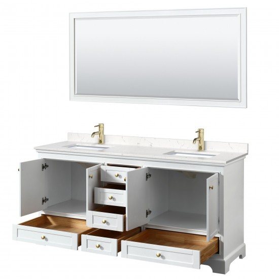 72 Inch Double Bathroom Vanity in White, Carrara Cultured Marble Countertop, Sinks, Gold Trim, 70 Inch Mirror