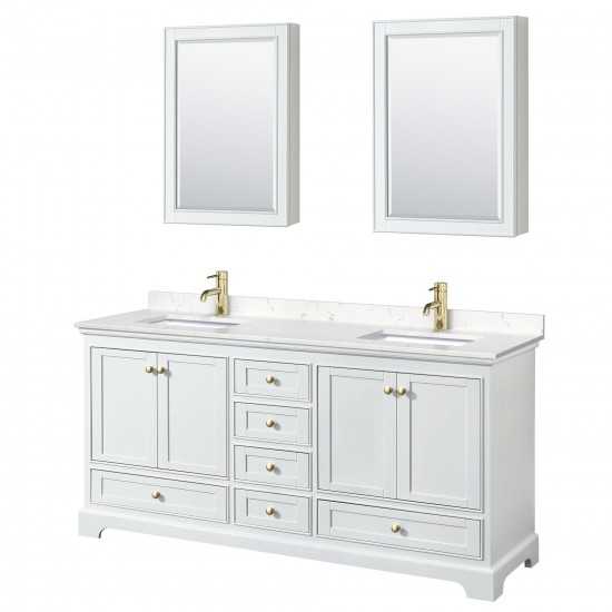 72 Inch Double Bathroom Vanity in White, Carrara Cultured Marble Countertop, Sinks, Gold Trim, Medicine Cabinets