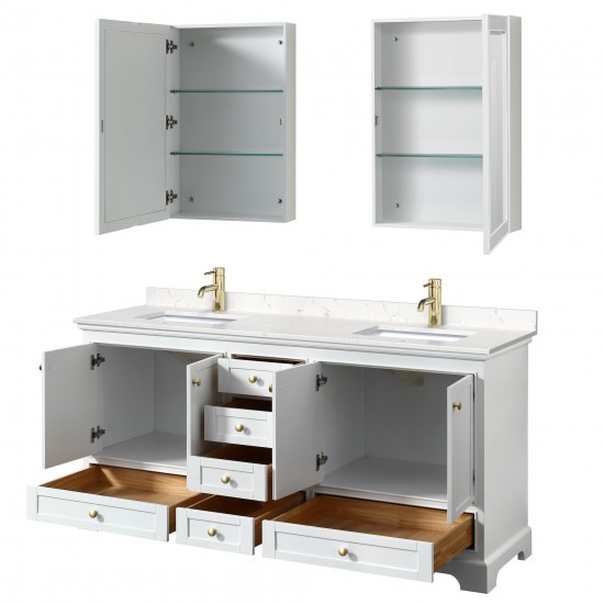 72 Inch Double Bathroom Vanity in White, Carrara Cultured Marble Countertop, Sinks, Gold Trim, Medicine Cabinets