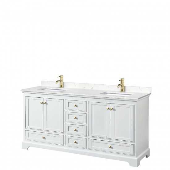 72 Inch Double Bathroom Vanity in White, Carrara Cultured Marble Countertop, Sinks, Gold Trim, No Mirrors