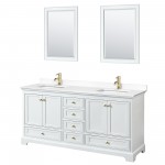 72 Inch Double Bathroom Vanity in White, White Cultured Marble Countertop, Sinks, Gold Trim, 24 Inch Mirrors