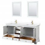 72 Inch Double Bathroom Vanity in White, White Cultured Marble Countertop, Sinks, Gold Trim, 24 Inch Mirrors