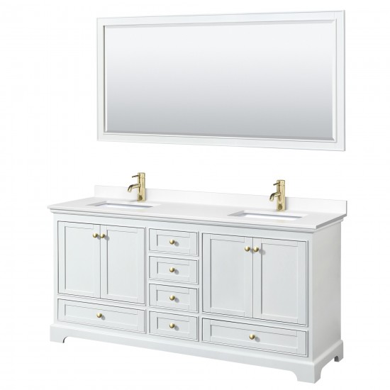 72 Inch Double Bathroom Vanity in White, White Cultured Marble Countertop, Sinks, Gold Trim, 70 Inch Mirror