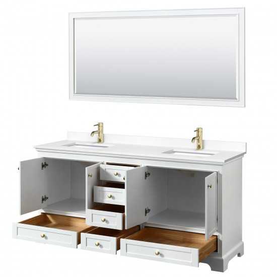 72 Inch Double Bathroom Vanity in White, White Cultured Marble Countertop, Sinks, Gold Trim, 70 Inch Mirror