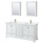 72 Inch Double Bathroom Vanity in White, White Cultured Marble Countertop, Sinks, Gold Trim, Medicine Cabinets