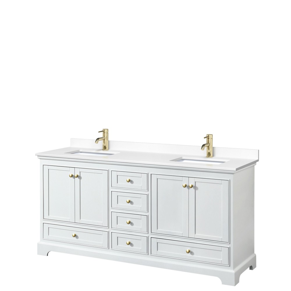 72 Inch Double Bathroom Vanity in White, White Cultured Marble Countertop, Sinks, Gold Trim, No Mirrors