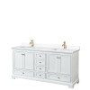 72 Inch Double Bathroom Vanity in White, White Cultured Marble Countertop, Sinks, Gold Trim, No Mirrors