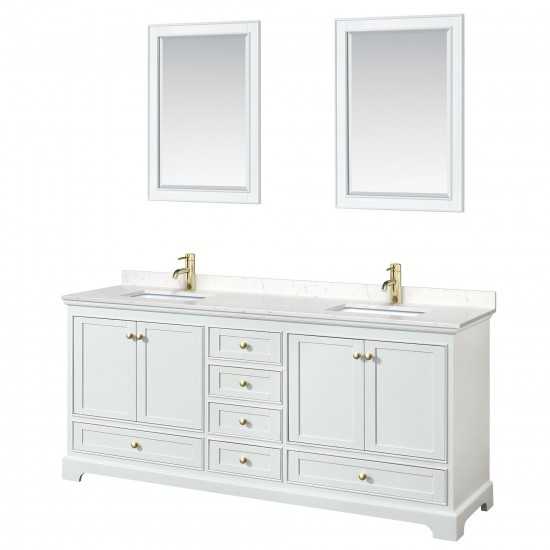 80 Inch Double Bathroom Vanity in White, Carrara Cultured Marble Countertop, Sinks, Gold Trim, 24 Inch Mirrors