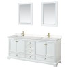 80 Inch Double Bathroom Vanity in White, Carrara Cultured Marble Countertop, Sinks, Gold Trim, 24 Inch Mirrors