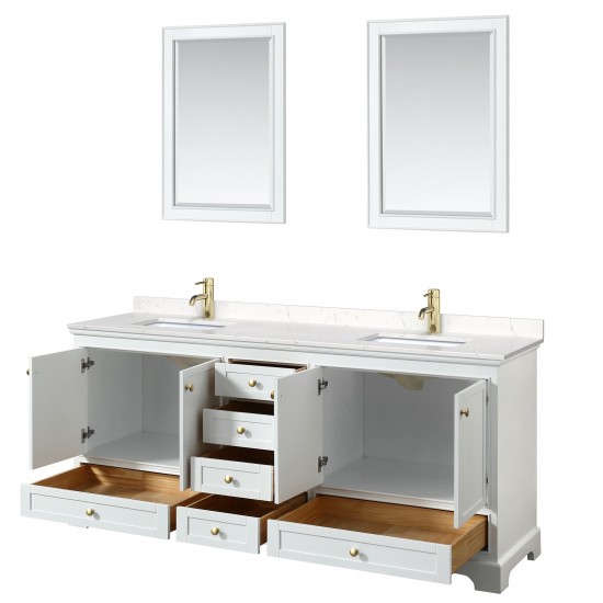 80 Inch Double Bathroom Vanity in White, Carrara Cultured Marble Countertop, Sinks, Gold Trim, 24 Inch Mirrors