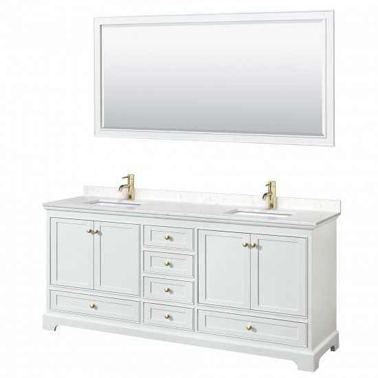 80 Inch Double Bathroom Vanity in White, Carrara Cultured Marble Countertop, Sinks, Gold Trim, 70 Inch Mirror