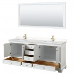 80 Inch Double Bathroom Vanity in White, Carrara Cultured Marble Countertop, Sinks, Gold Trim, 70 Inch Mirror