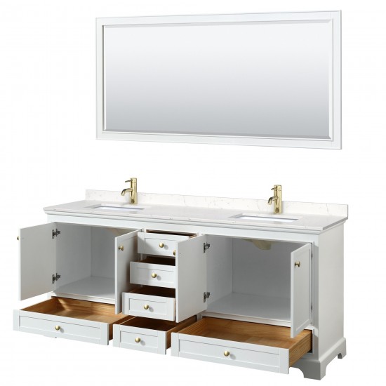 80 Inch Double Bathroom Vanity in White, Carrara Cultured Marble Countertop, Sinks, Gold Trim, 70 Inch Mirror