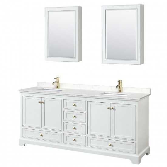 80 Inch Double Bathroom Vanity in White, Carrara Cultured Marble Countertop, Sinks, Gold Trim, Medicine Cabinets