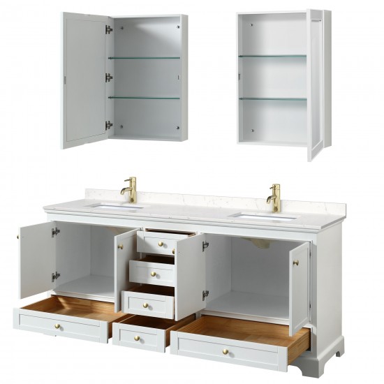 80 Inch Double Bathroom Vanity in White, Carrara Cultured Marble Countertop, Sinks, Gold Trim, Medicine Cabinets