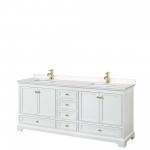 80 Inch Double Bathroom Vanity in White, Carrara Cultured Marble Countertop, Sinks, Gold Trim, No Mirrors