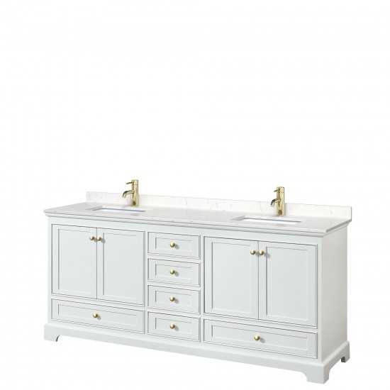 80 Inch Double Bathroom Vanity in White, Carrara Cultured Marble Countertop, Sinks, Gold Trim, No Mirrors