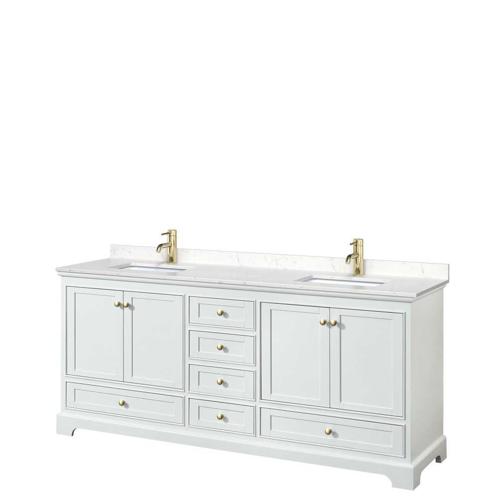 80 Inch Double Bathroom Vanity in White, Carrara Cultured Marble Countertop, Sinks, Gold Trim, No Mirrors