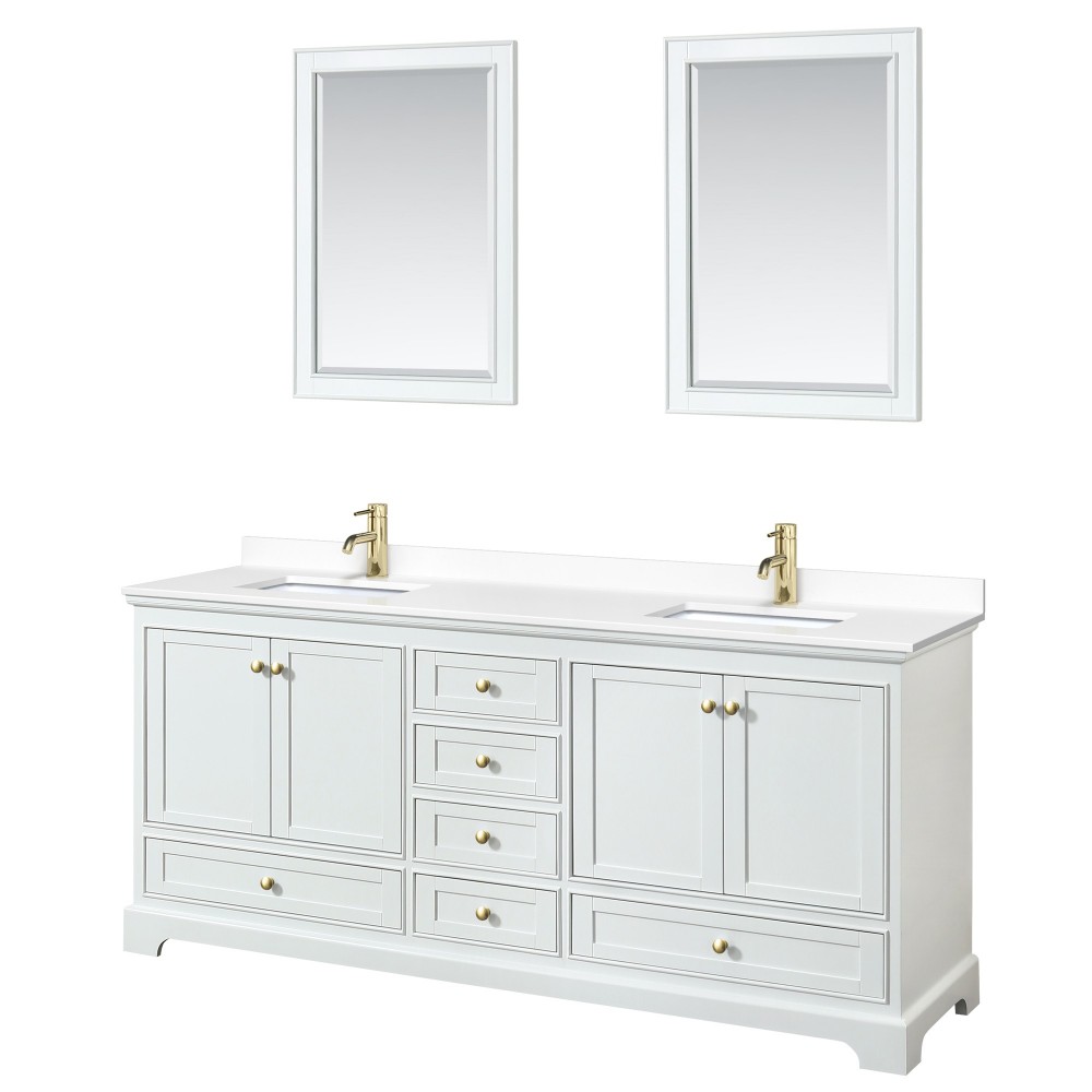 80 Inch Double Bathroom Vanity in White, White Cultured Marble Countertop, Sinks, Gold Trim, 24 Inch Mirrors