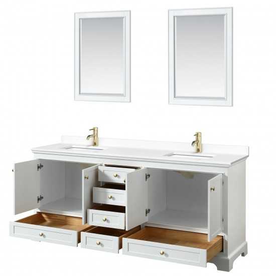 80 Inch Double Bathroom Vanity in White, White Cultured Marble Countertop, Sinks, Gold Trim, 24 Inch Mirrors