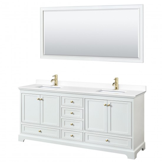 80 Inch Double Bathroom Vanity in White, White Cultured Marble Countertop, Sinks, Gold Trim, 70 Inch Mirror