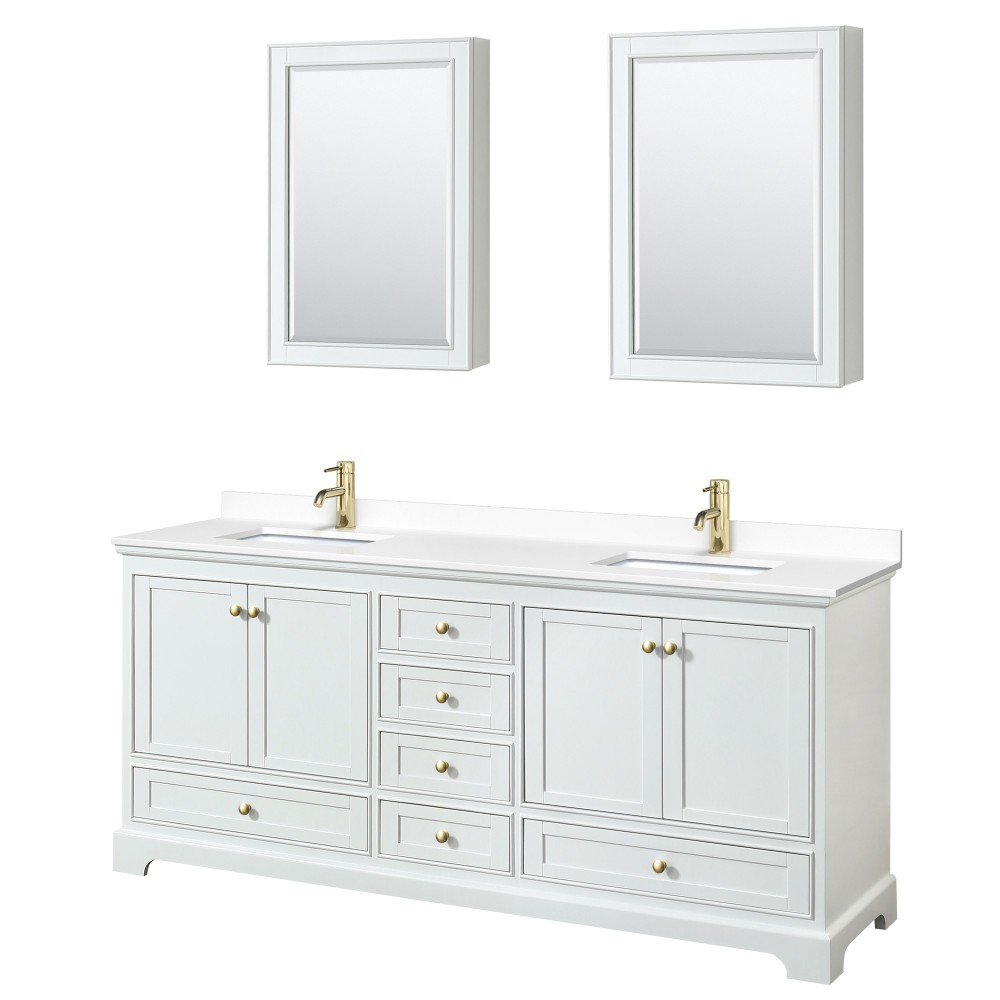 80 Inch Double Bathroom Vanity in White, White Cultured Marble Countertop, Sinks, Gold Trim, Medicine Cabinets
