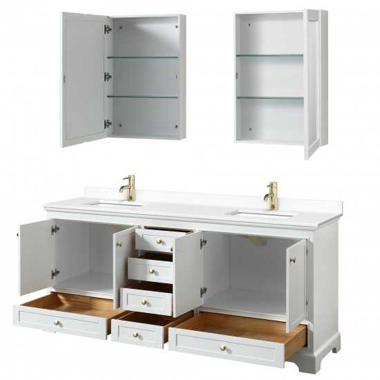 80 Inch Double Bathroom Vanity in White, White Cultured Marble Countertop, Sinks, Gold Trim, Medicine Cabinets