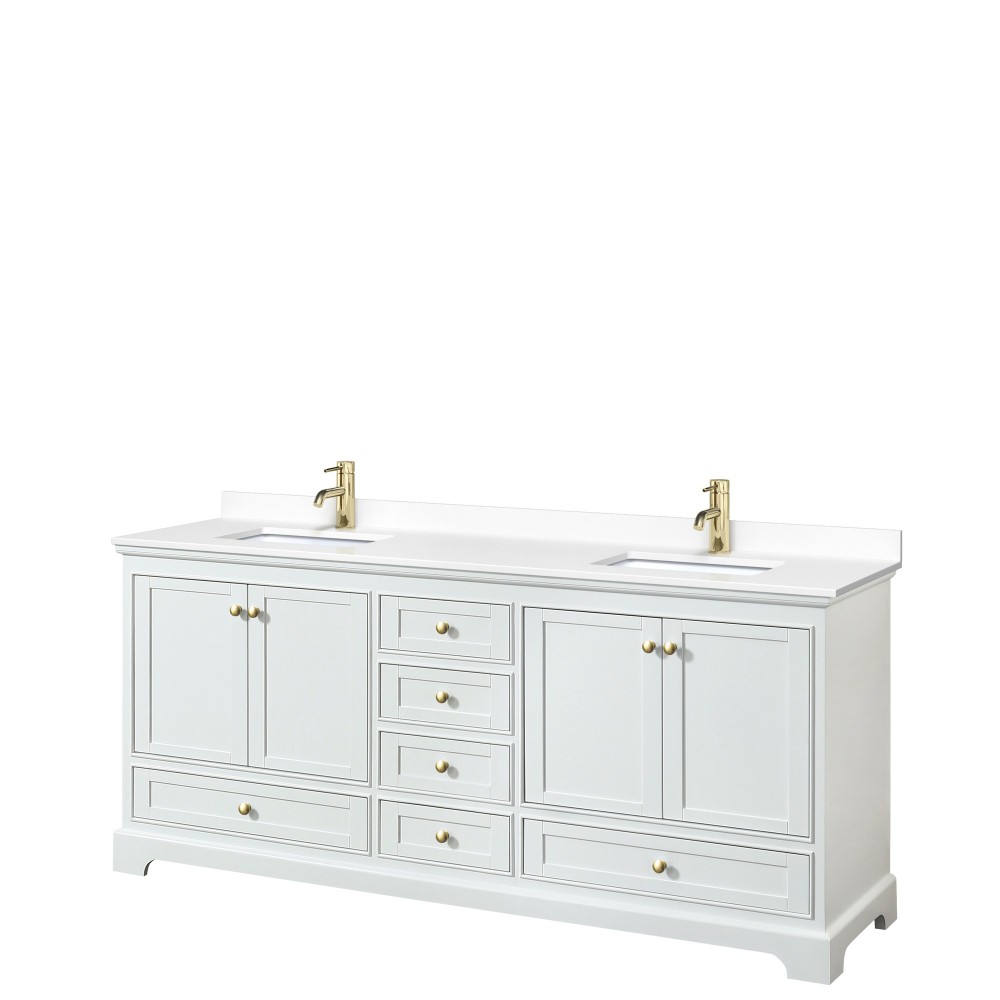 80 Inch Double Bathroom Vanity in White, White Cultured Marble Countertop, Sinks, Gold Trim, No Mirrors