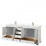 80 Inch Double Bathroom Vanity in White, White Cultured Marble Countertop, Sinks, Gold Trim, No Mirrors