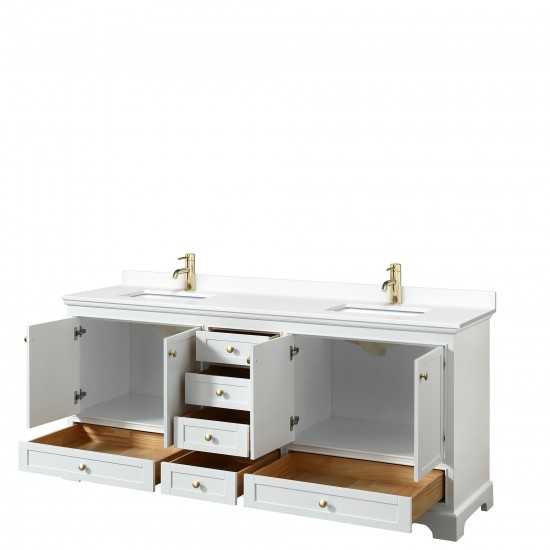 80 Inch Double Bathroom Vanity in White, White Cultured Marble Countertop, Sinks, Gold Trim, No Mirrors