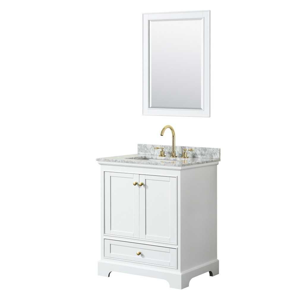 30 Inch Single Bathroom Vanity in White, White Carrara Marble Countertop, Sink, Gold Trim, 24 Inch Mirror