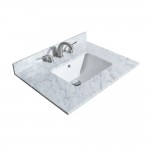 30 Inch Single Bathroom Vanity in White, White Carrara Marble Countertop, Sink, Gold Trim, 24 Inch Mirror