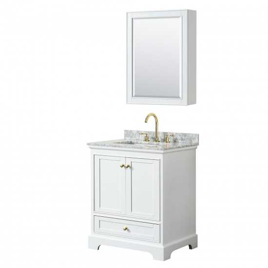 30 Inch Single Bathroom Vanity in White, White Carrara Marble Countertop, Sink, Gold Trim, Medicine Cabinet