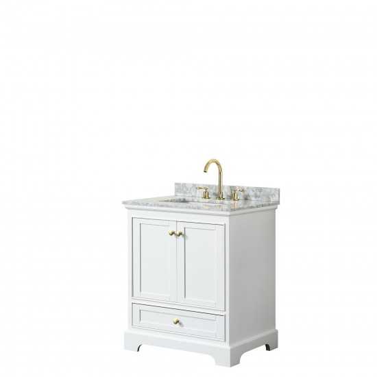 30 Inch Single Bathroom Vanity in White, White Carrara Marble Countertop, Sink, Gold Trim, No Mirror