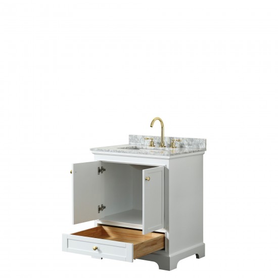 30 Inch Single Bathroom Vanity in White, White Carrara Marble Countertop, Sink, Gold Trim, No Mirror